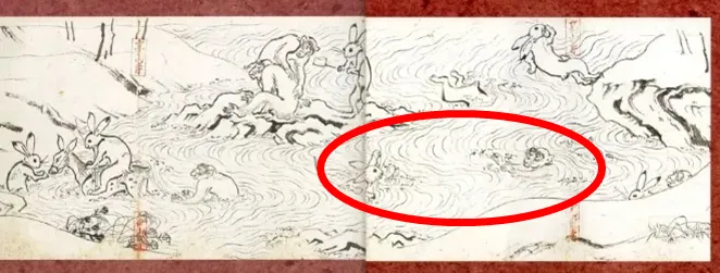 鳥獣戯画 甲巻 兎と猿の水遊びの場面
