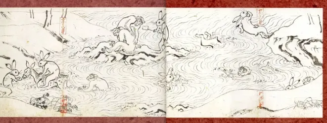 鳥獣戯画 甲巻 兎と猿の水遊びの場面